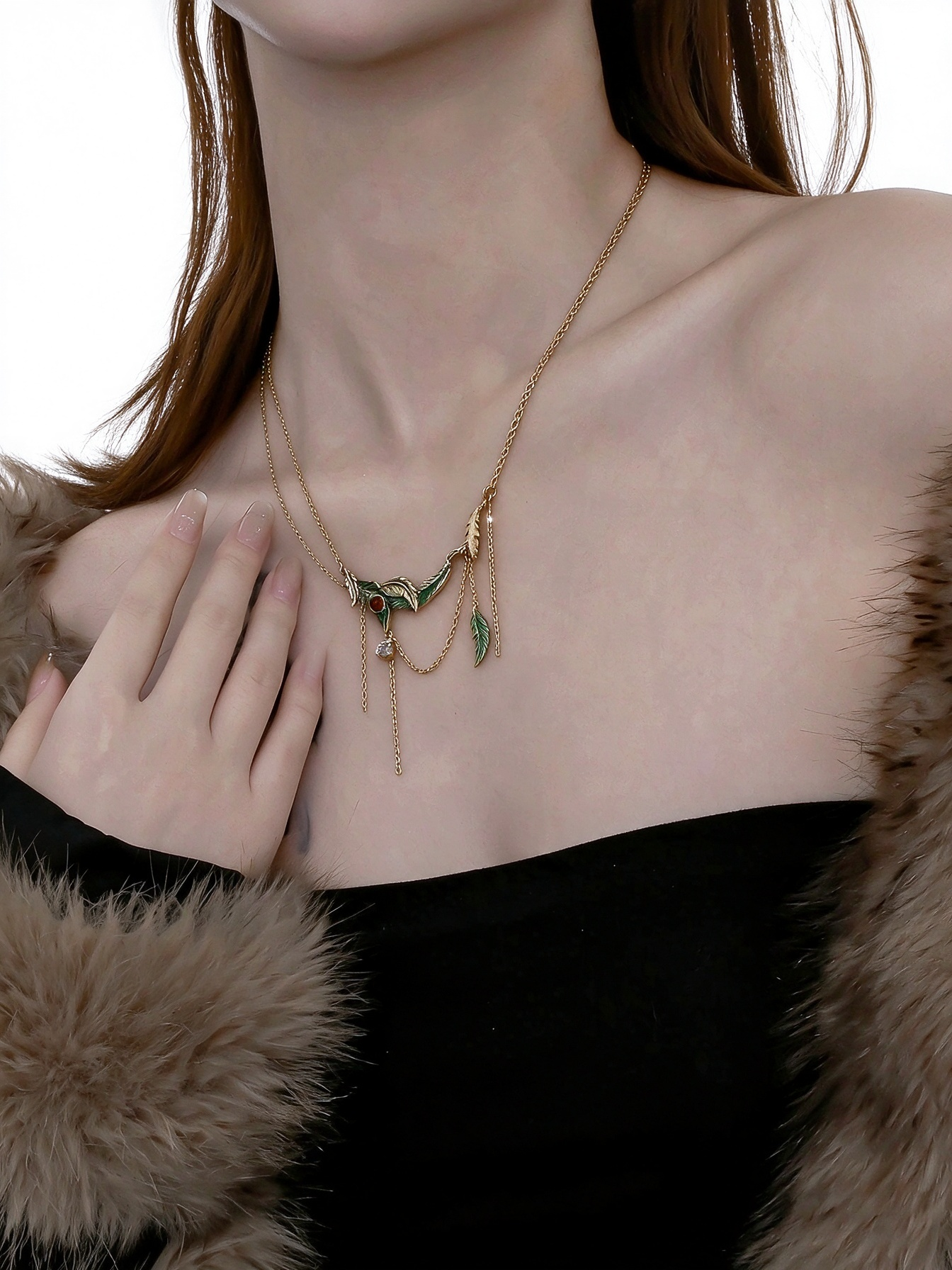 Peacock Feather Tassel Collar Necklace | Original Vintage Gold Delicate Lock Chain Necklace