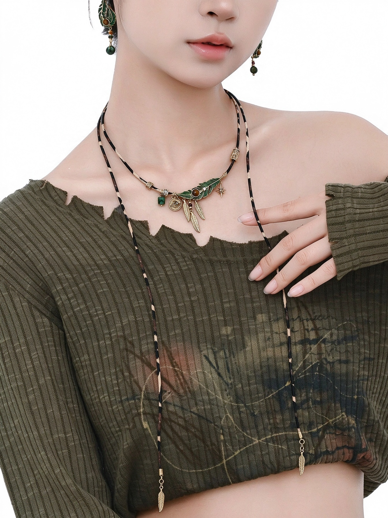 Bohemian Hand-Braided Long Green Feather Necklace | Vintage Ethnic Woven Lariat Y-Necklace