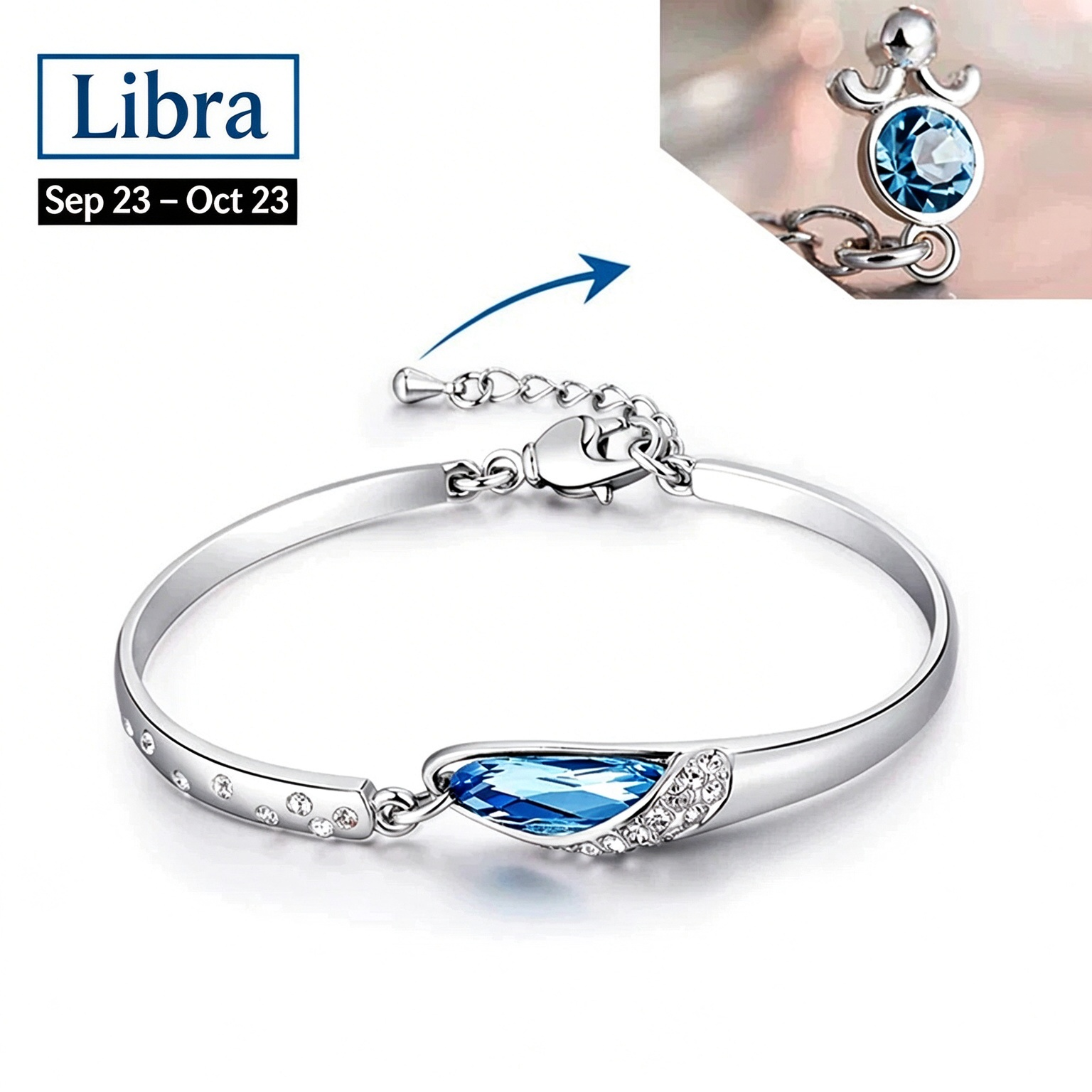 Blue Crystal Zodiac Bangle Bracelet for Women Silver Tone 12 Horoscope Charms Elegant Birthday Gift