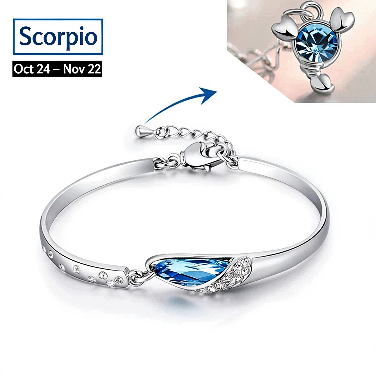 Blue Crystal Zodiac Bangle Bracelet for Women Silver Tone 12 Horoscope Charms Elegant Birthday Gift