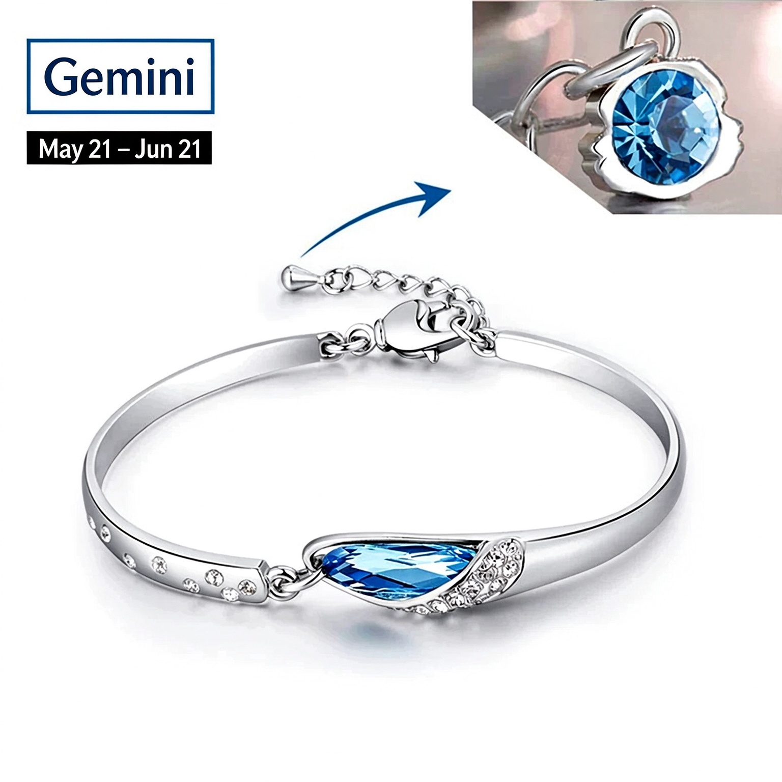 Blue Crystal Zodiac Bangle Bracelet for Women Silver Tone 12 Horoscope Charms Elegant Birthday Gift