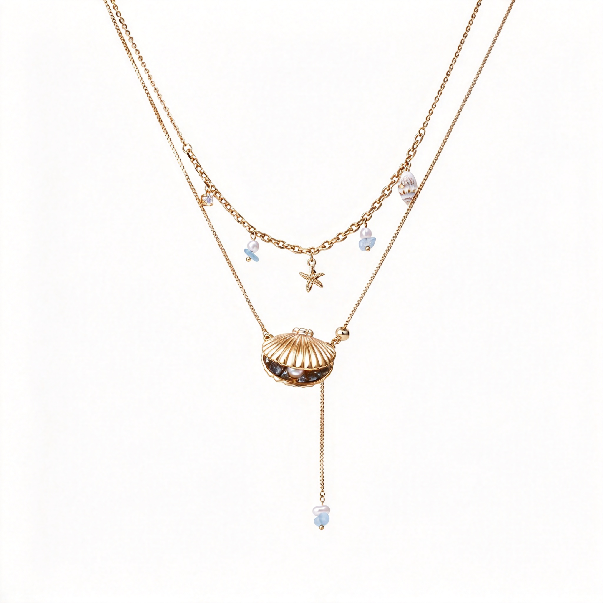 Gold Shell Layered Necklace, Ocean Beach Seashell Pendant Necklace for Women