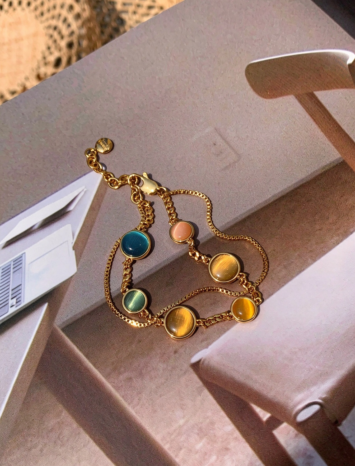 Colorful Double-Layer Cat's Eye Bracelet | Dopamine-Style Stackable Gold-Plated Bracelet