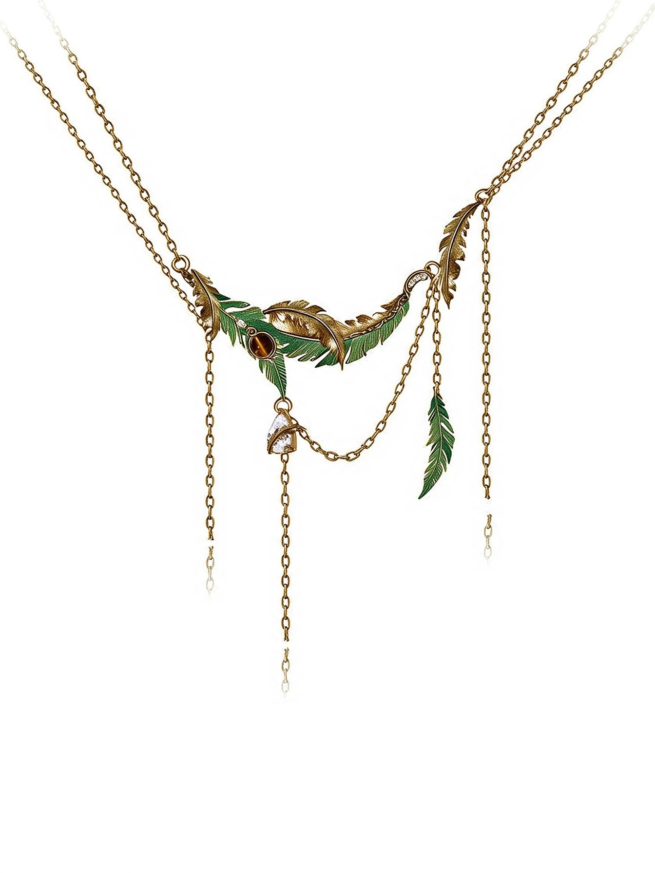 Peacock Feather Tassel Collar Necklace | Original Vintage Gold Delicate Lock Chain Necklace