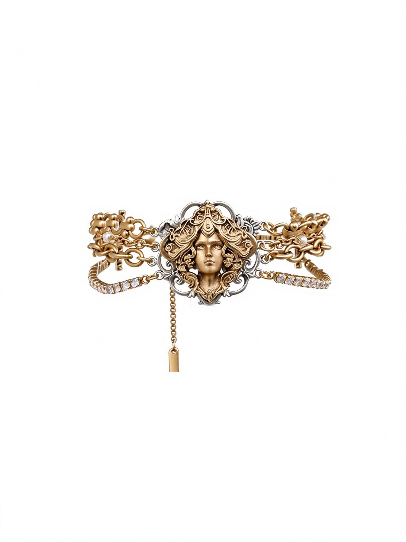Vintage Medusa Layered Bracelet, Two-Tone Antique Gold Silver Statement Bracelet