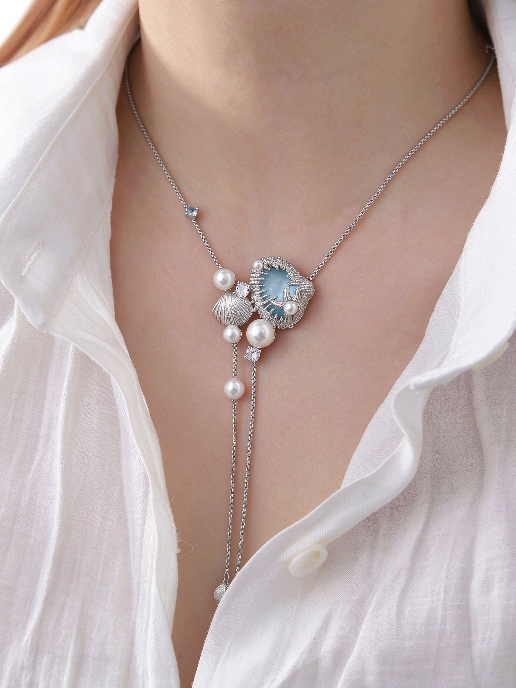 Blue Shell Pearl Long Lariat Necklace | Ocean Conch Charm Adjustable Neck Chain for Women
