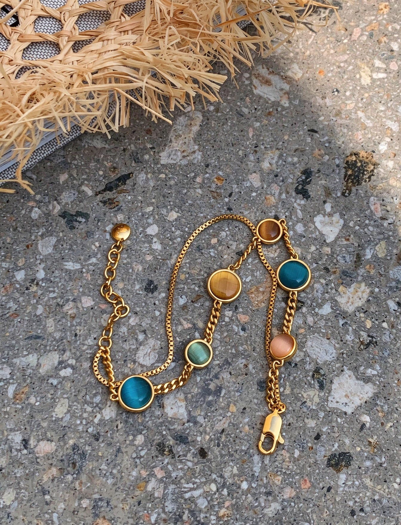 Colorful Double-Layer Cat's Eye Bracelet | Dopamine-Style Stackable Gold-Plated Bracelet