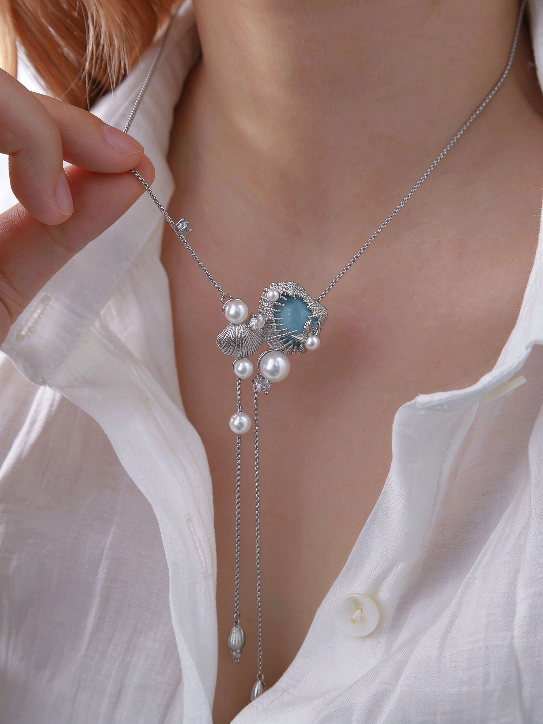 Blue Shell Pearl Long Lariat Necklace | Ocean Conch Charm Adjustable Neck Chain for Women