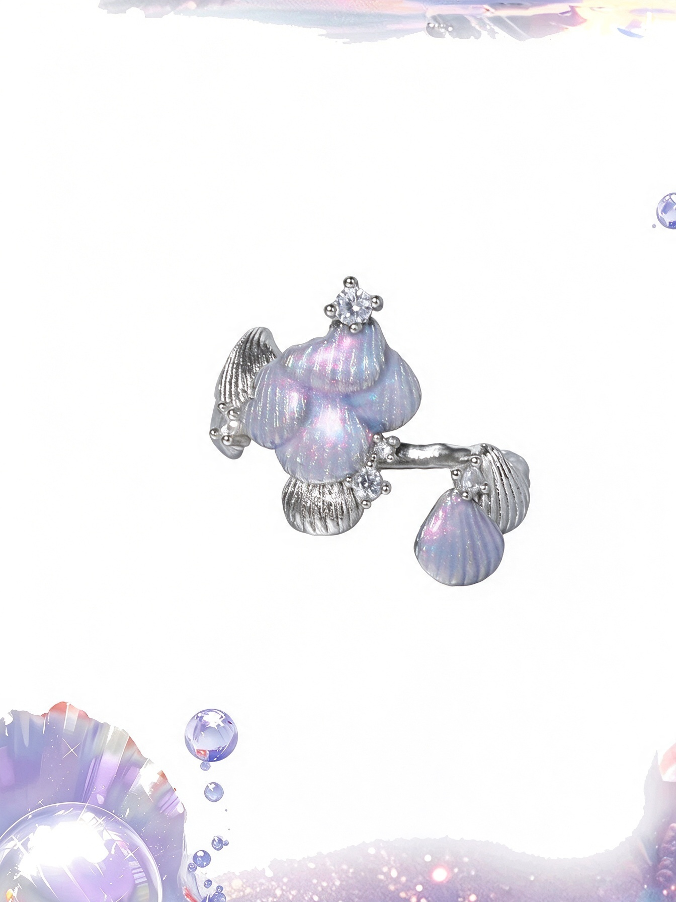 S925 Sterling Silver Mermaid Scale Open Ring, Iridescent Seashell Adjustable Ring