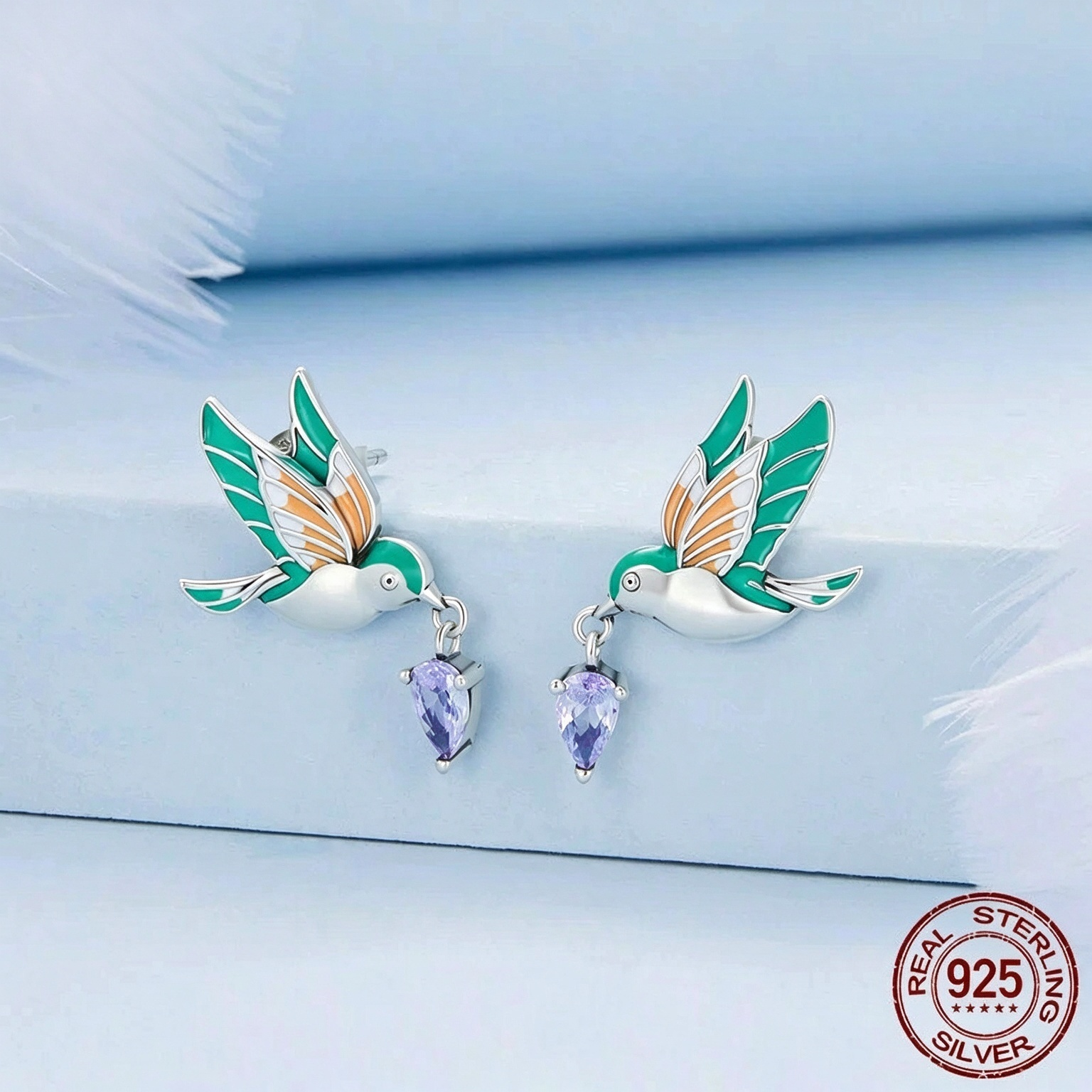 S925 Sterling Silver Hummingbird Jewelry Set, Enamel Bird Earrings & Open Ring Set