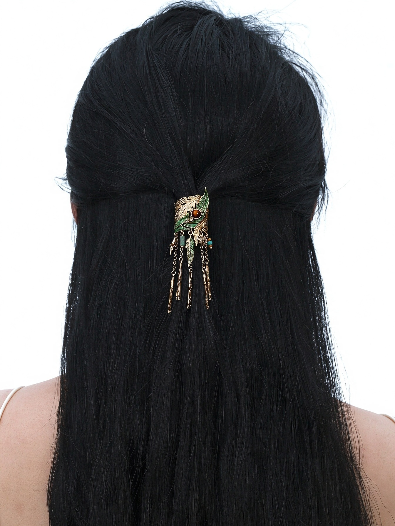 Vintage Exotic Bohemian Green Feather Tassel Ponytail Claw Clip | Original Ancient Style Hair Accessory
