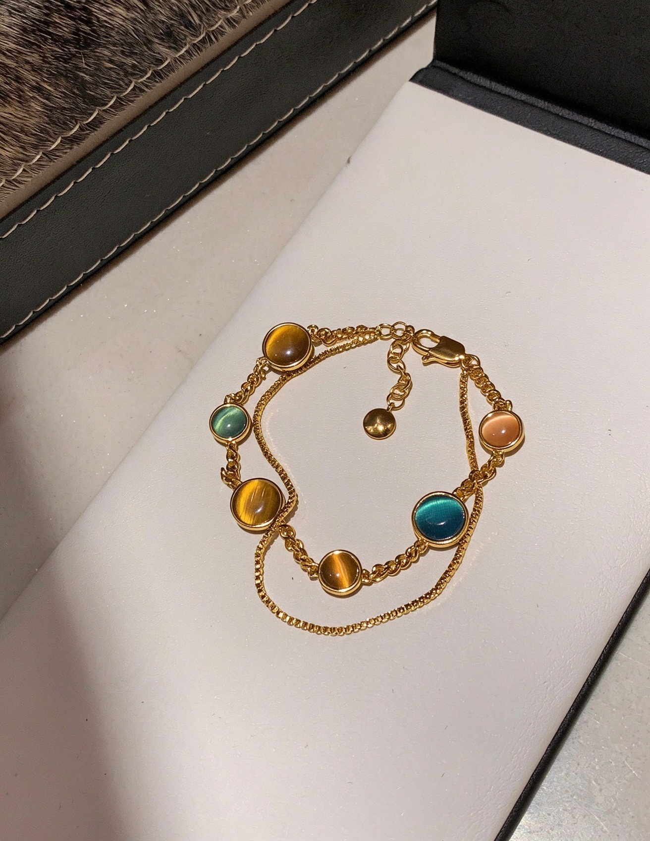 Colorful Double-Layer Cat's Eye Bracelet | Dopamine-Style Stackable Gold-Plated Bracelet