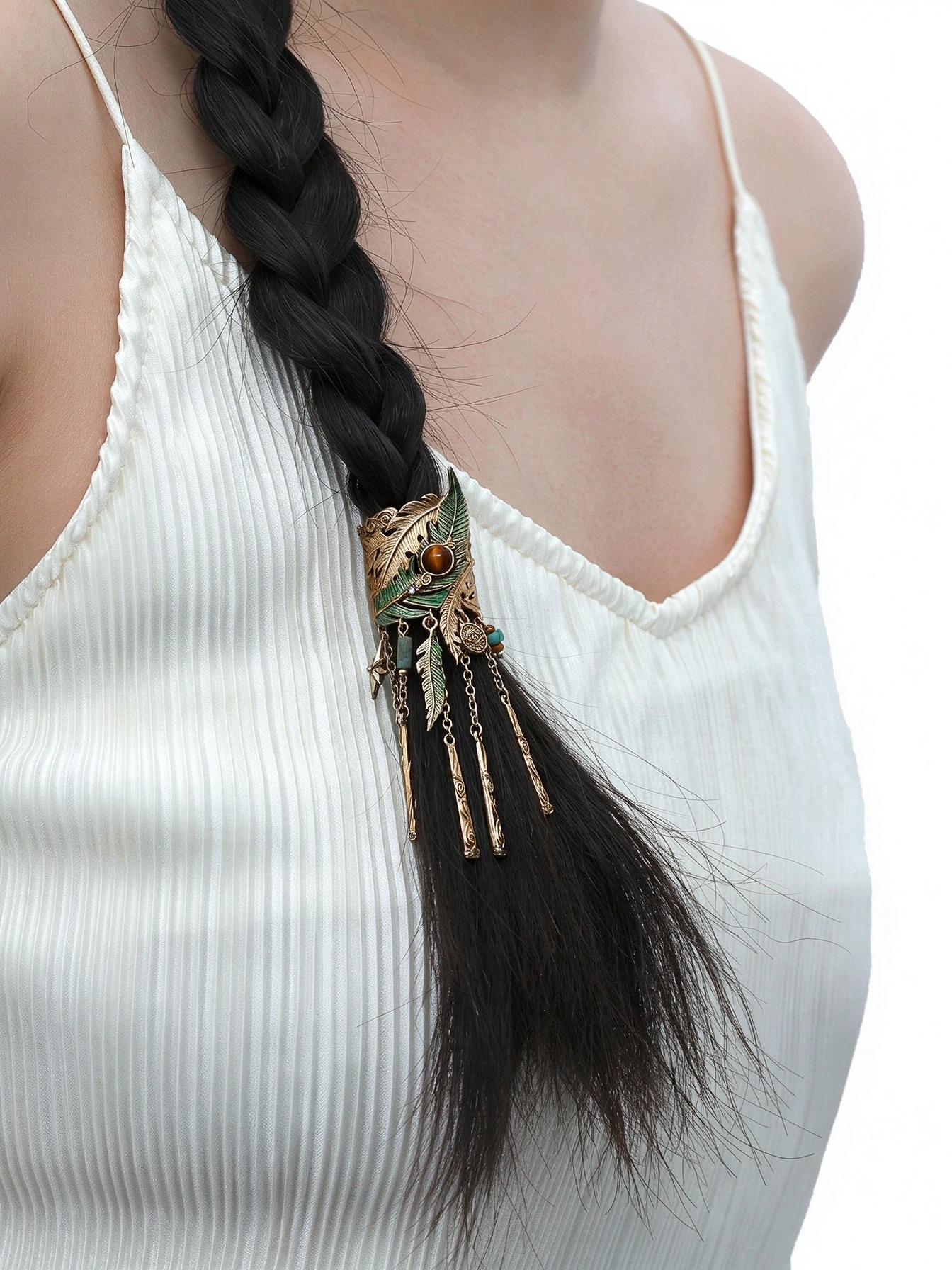 Vintage Exotic Bohemian Green Feather Tassel Ponytail Claw Clip | Original Ancient Style Hair Accessory