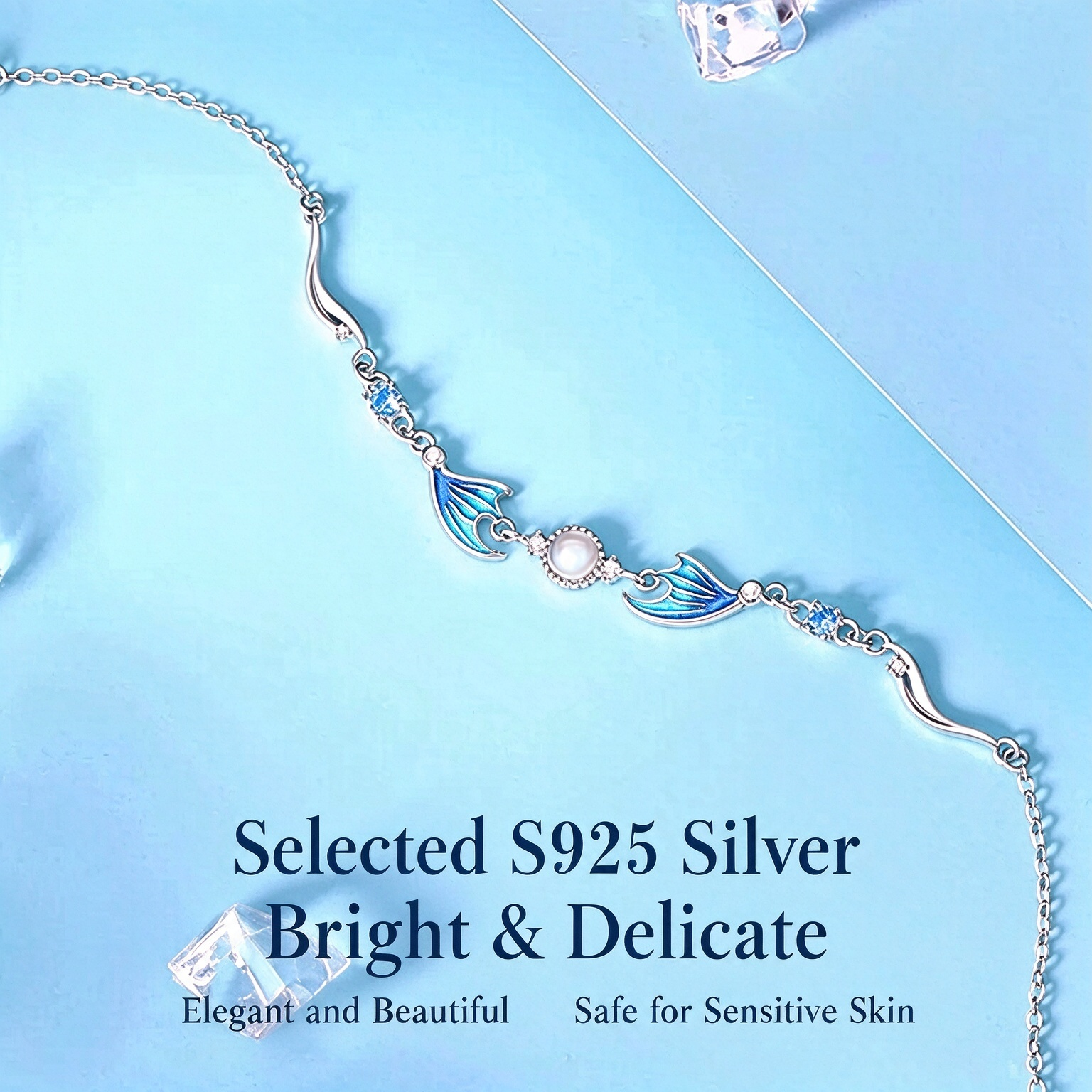 S925 Sterling Silver Moonstone Mermaid Tail Bracelet | Premium Symmetrical Gradient Enamel Bangle Gift for Women