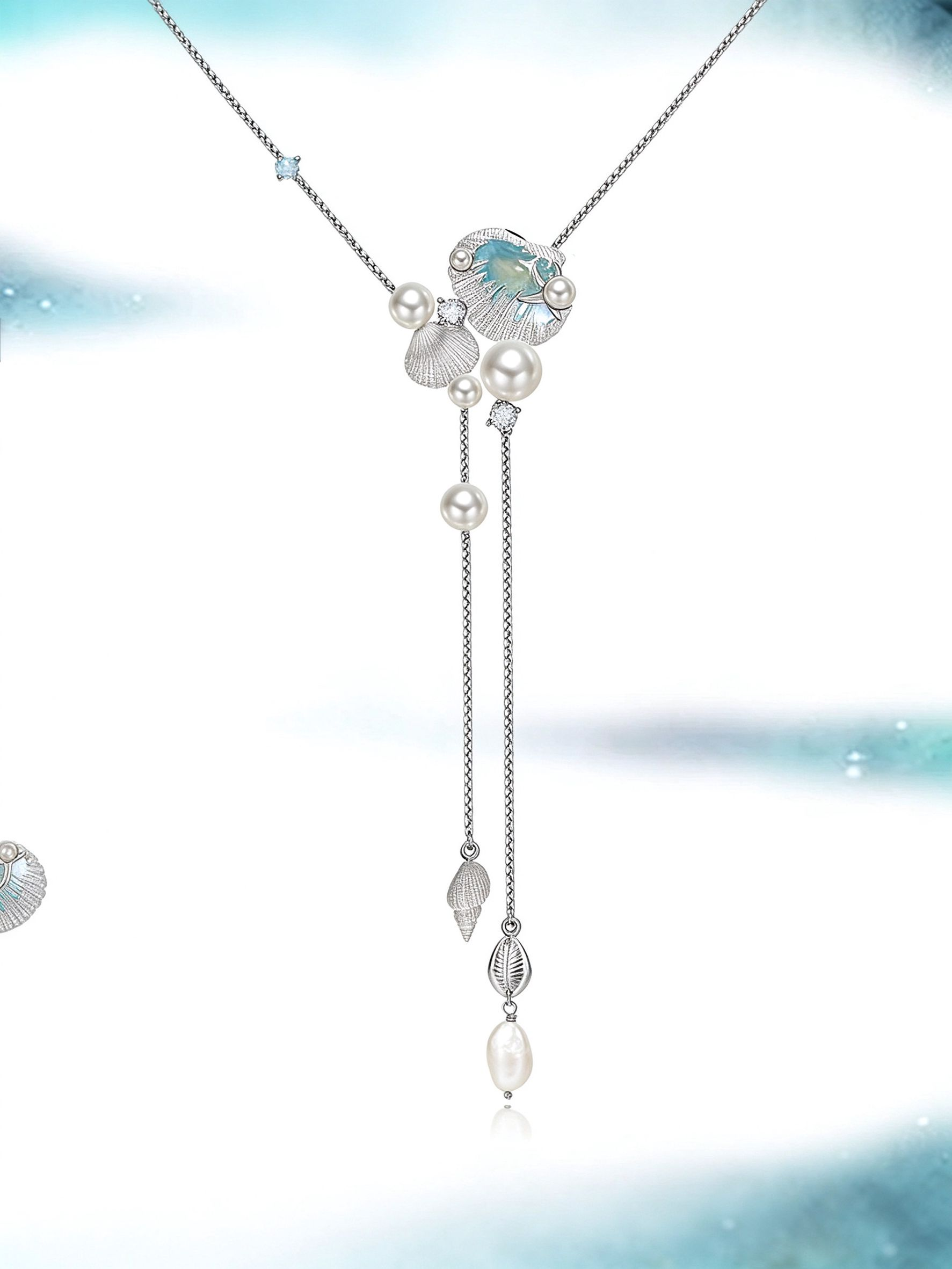 Blue Shell Pearl Long Lariat Necklace | Ocean Conch Charm Adjustable Neck Chain for Women