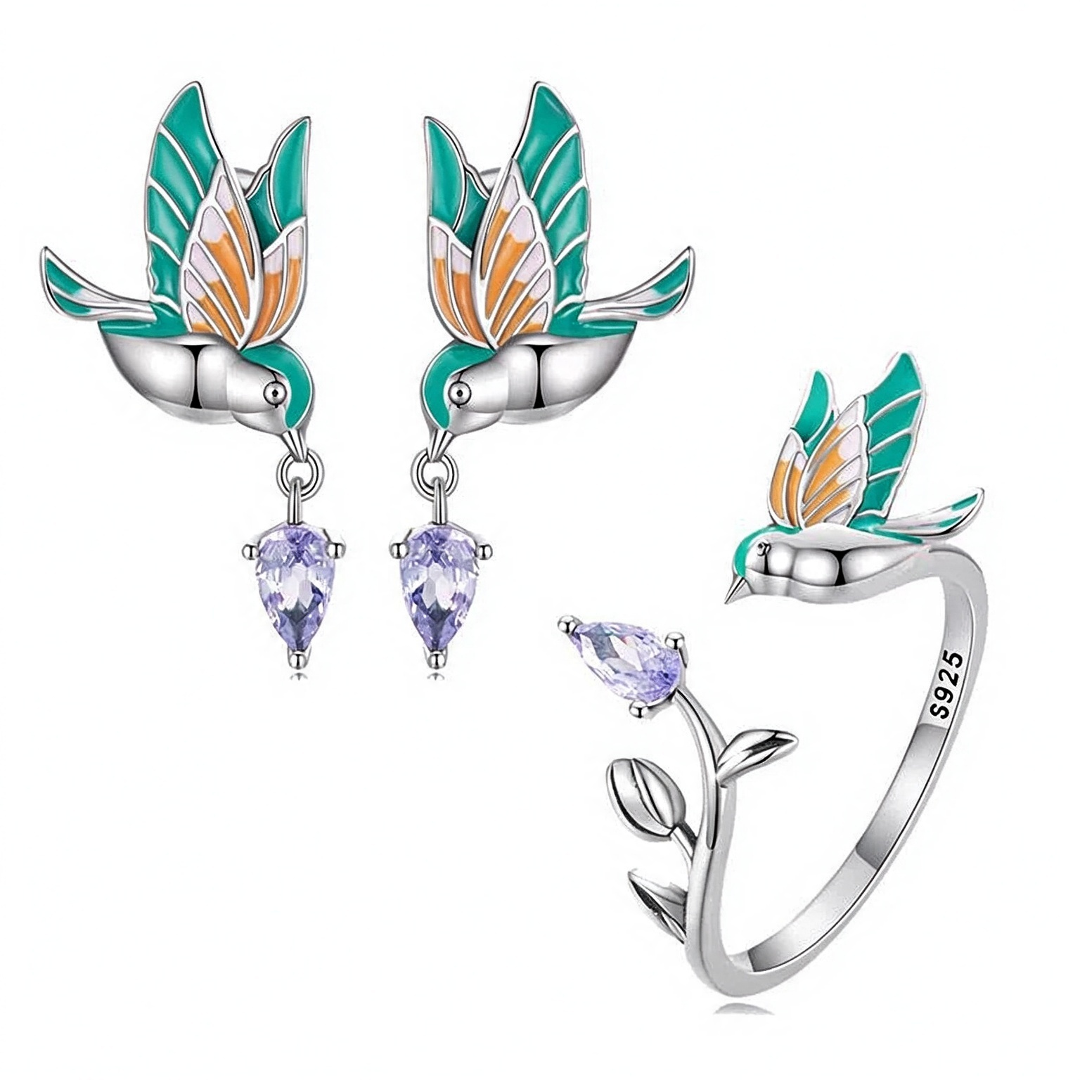 S925 Sterling Silver Hummingbird Jewelry Set, Enamel Bird Earrings & Open Ring Set