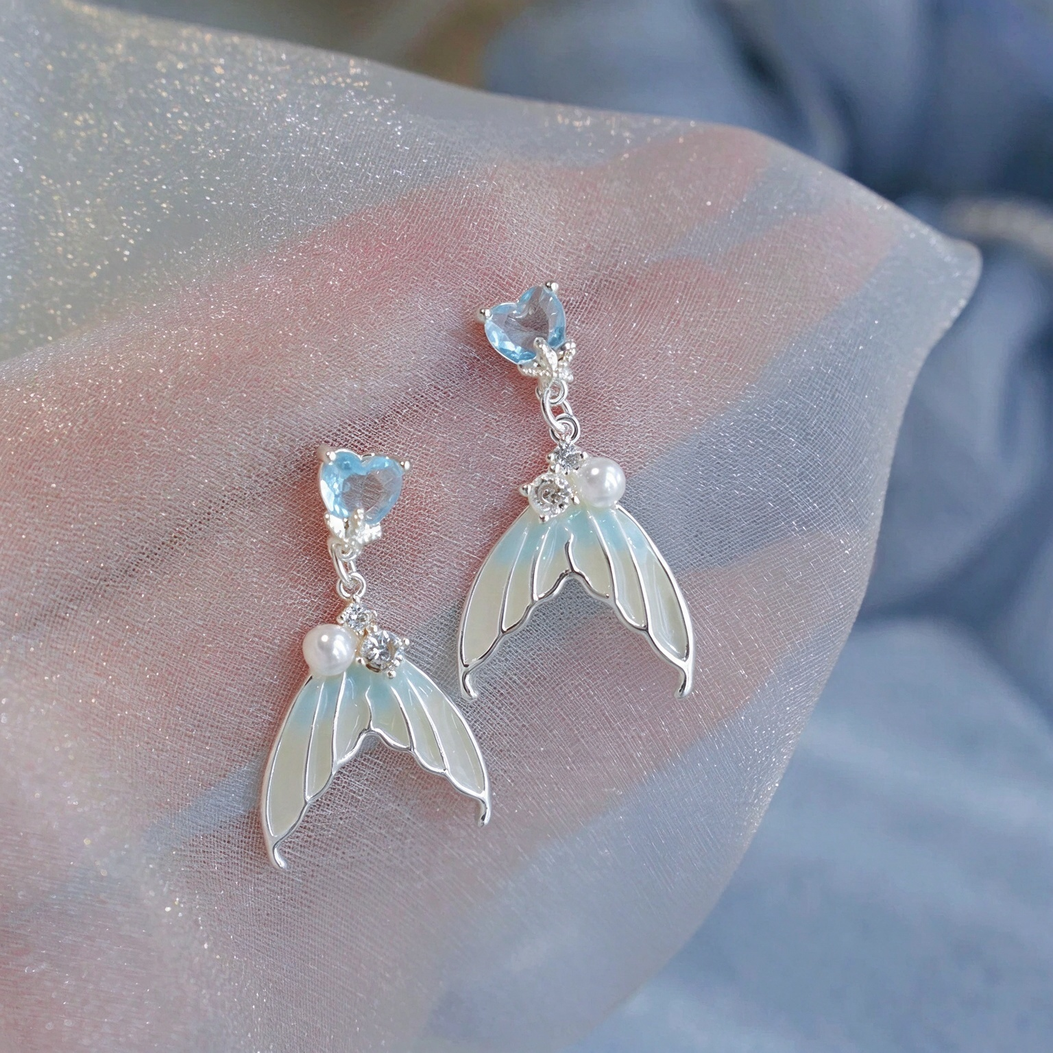Mermaid Princess Gradient Blue Fishtail Stud Earrings | Light Luxury Silver-Plated Delicate Earrings for Women