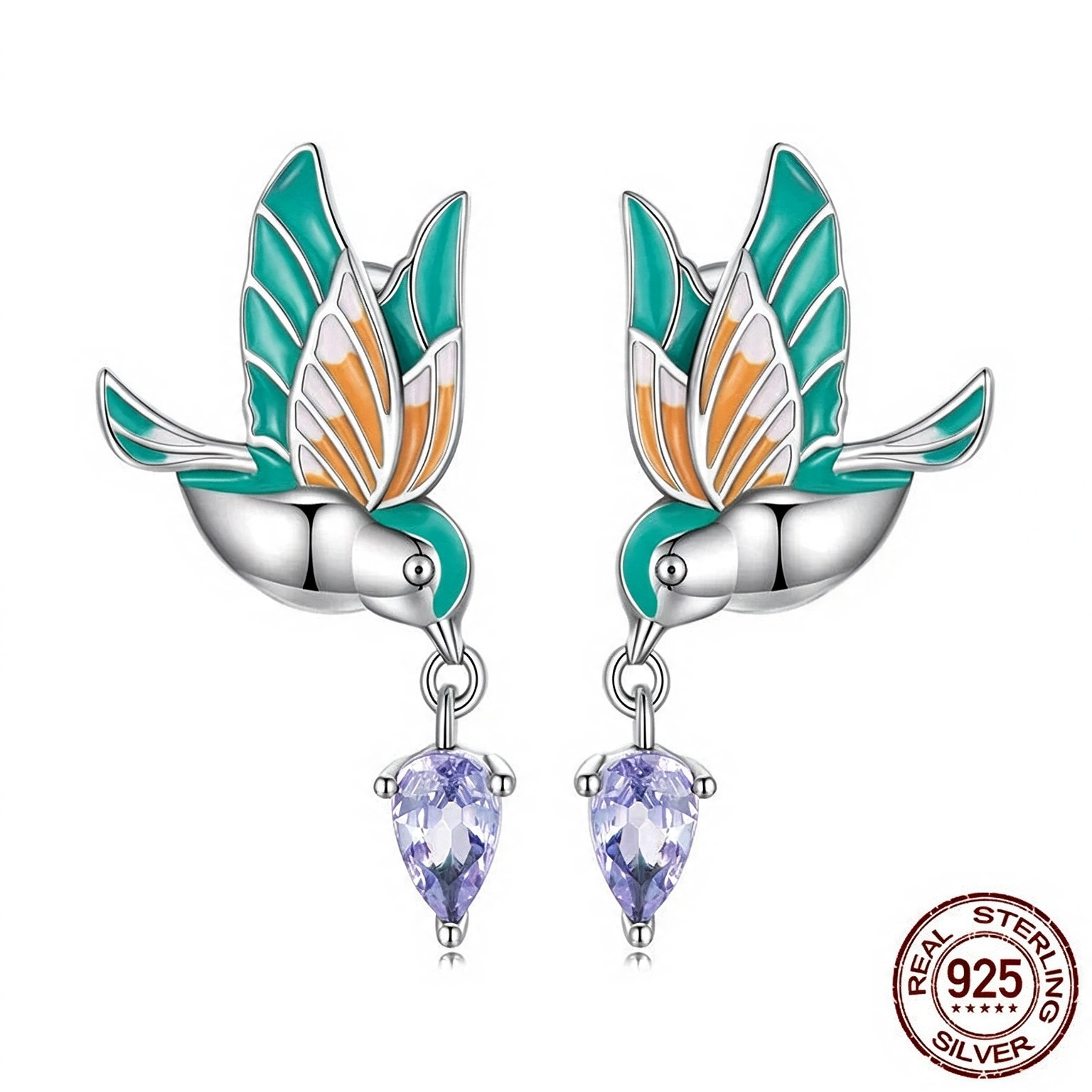 S925 Sterling Silver Hummingbird Jewelry Set, Enamel Bird Earrings & Open Ring Set