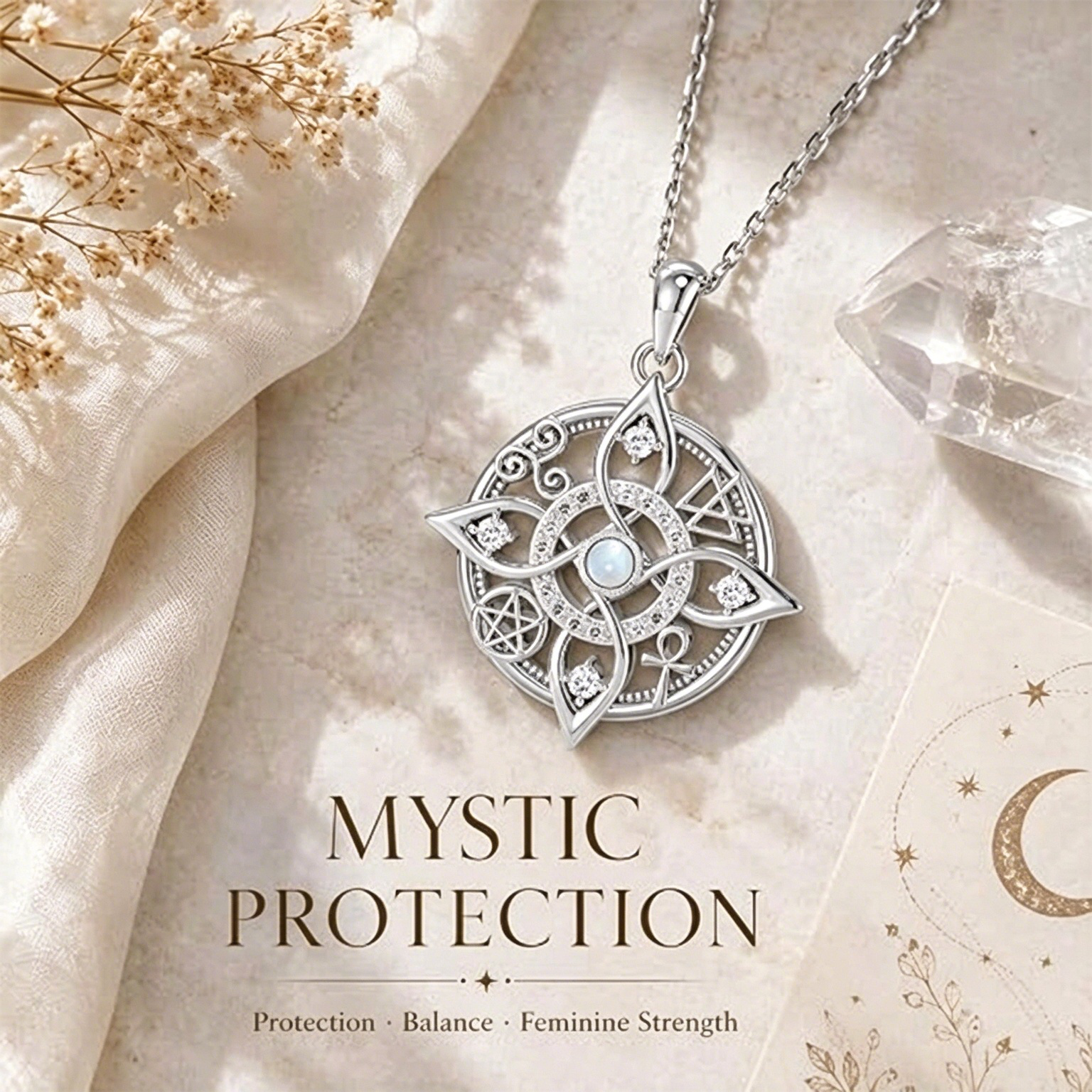 S925 Silver Mystic Celtic Symbol Moonstone Necklace, Witchy Protection Amulet Pendan
