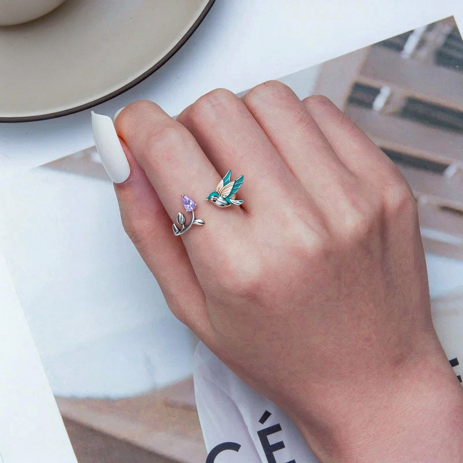 S925 Sterling Silver Hummingbird Jewelry Set, Enamel Bird Earrings & Open Ring Set