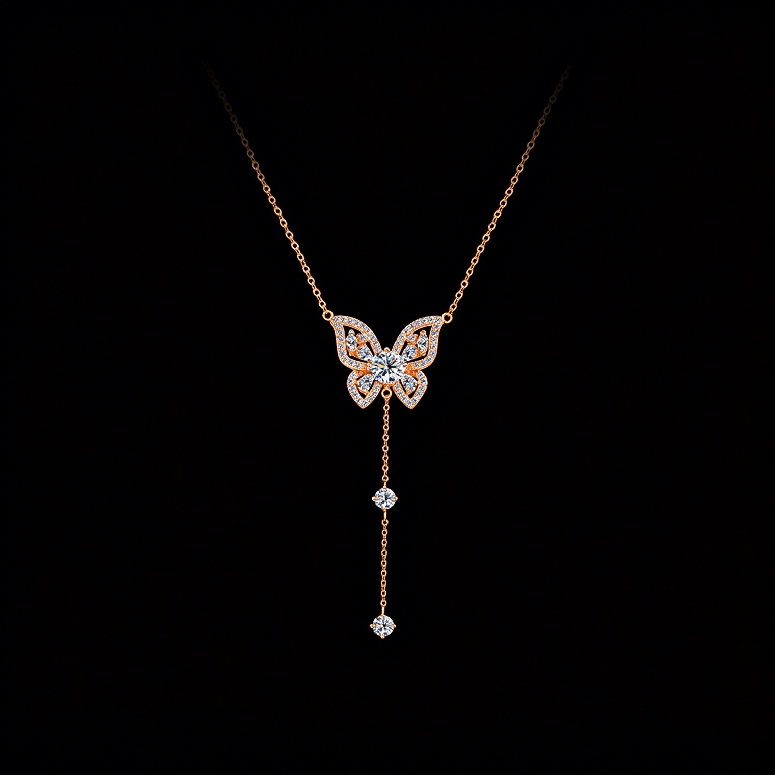 S925 Silver Butterfly Y-Drop Moissanite Necklace, Adjustable Tassel Clavicle Chain Jewelry