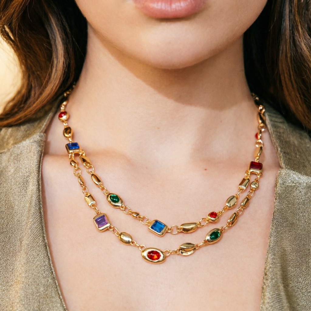 18K Gold S925 Silver Vintage Bezel-Set Gemstone Turquoise Necklace Bracelet Series
