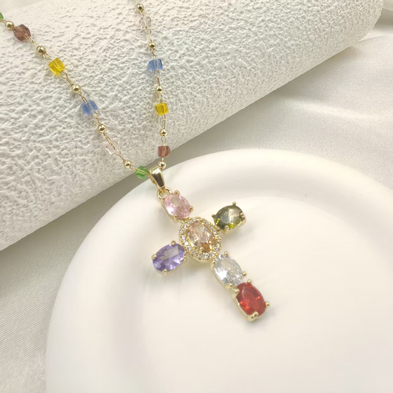 Colorful Blessing 14K Gold Gemstone Cross Necklace