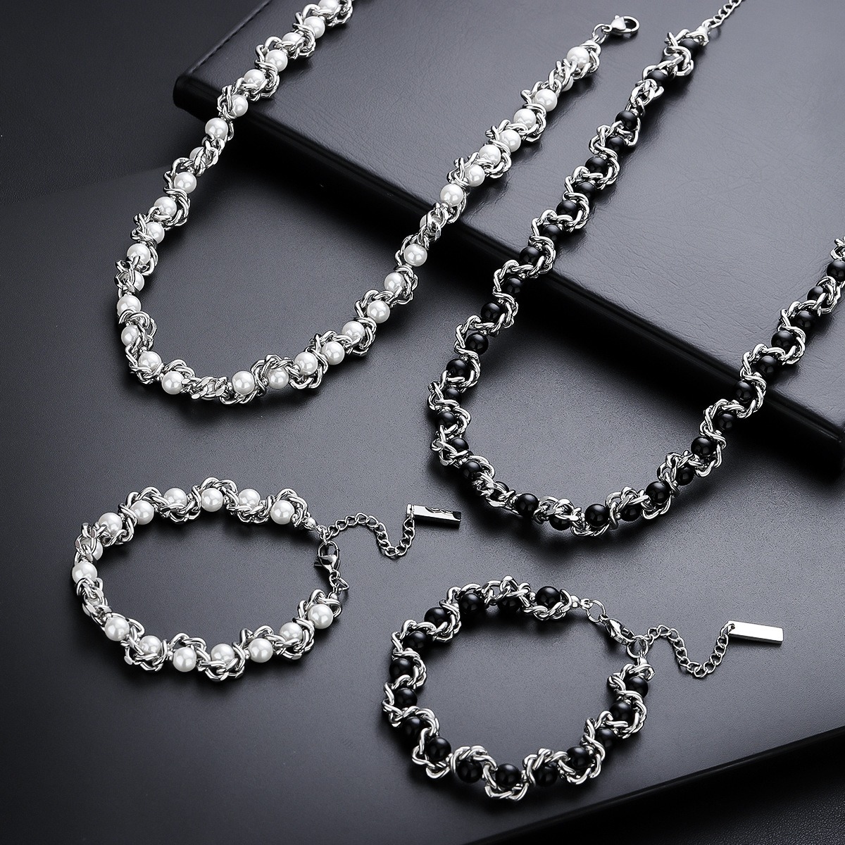 Modern Weave S925 Silver Pearl Necklace Bracelet Set