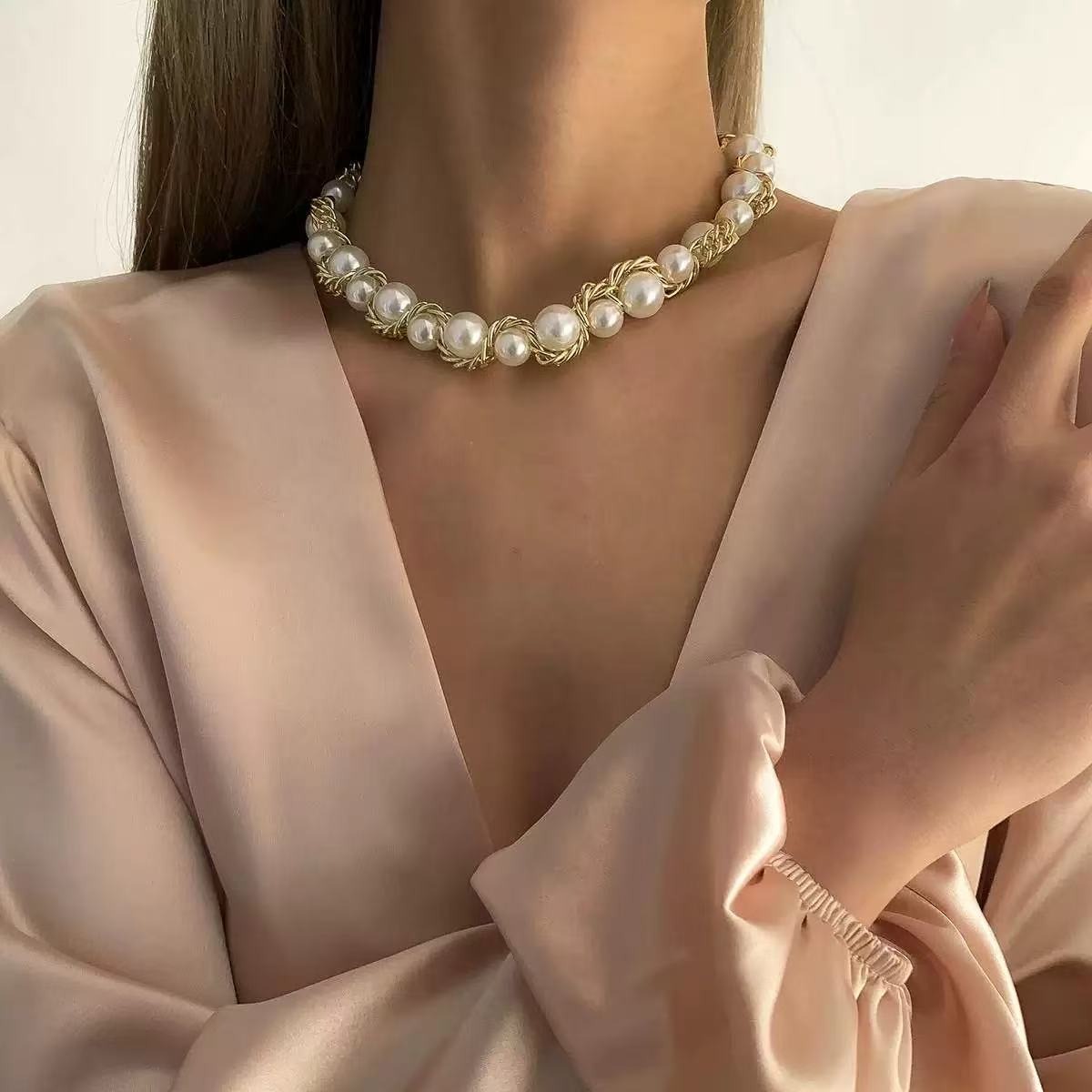 Golden Weave 14K Gold Pearl Necklace Bracelet Set