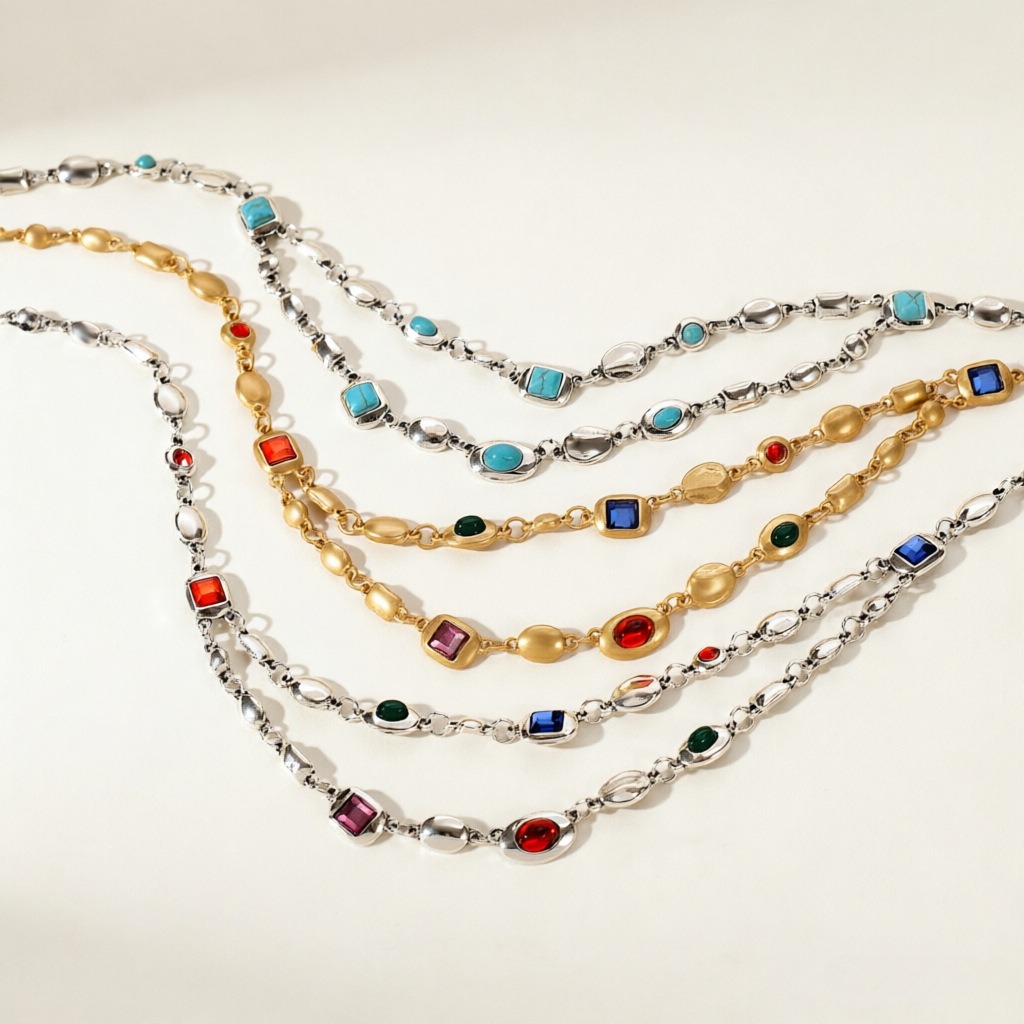 18K Gold S925 Silver Vintage Bezel-Set Gemstone Turquoise Necklace Bracelet Series