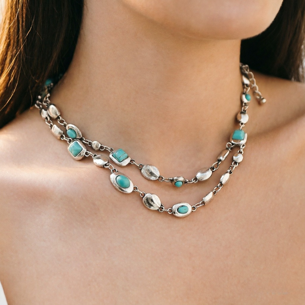 18K Gold S925 Silver Vintage Bezel-Set Gemstone Turquoise Necklace Bracelet Series