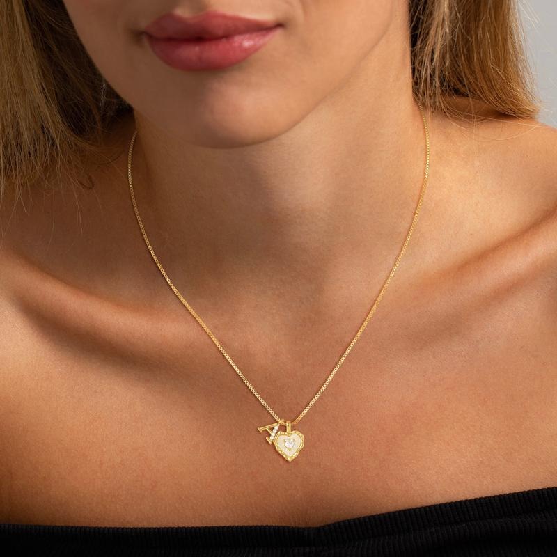 Personalized Heartbeat 14K Gold Plated Initial Mother-of-Pearl Heart Necklace