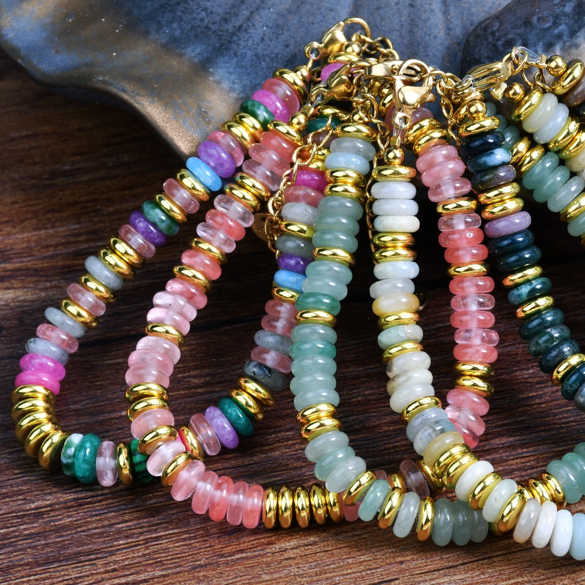 Boho Earth Harmony Natural Stone Heishi Bead Bracelet with Gold Spacers