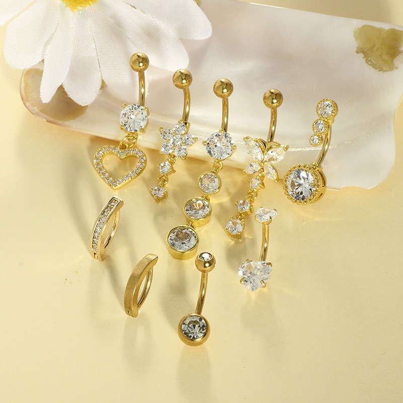 14K Gold S925 Silver Sparkling Belly Button Ring Sets