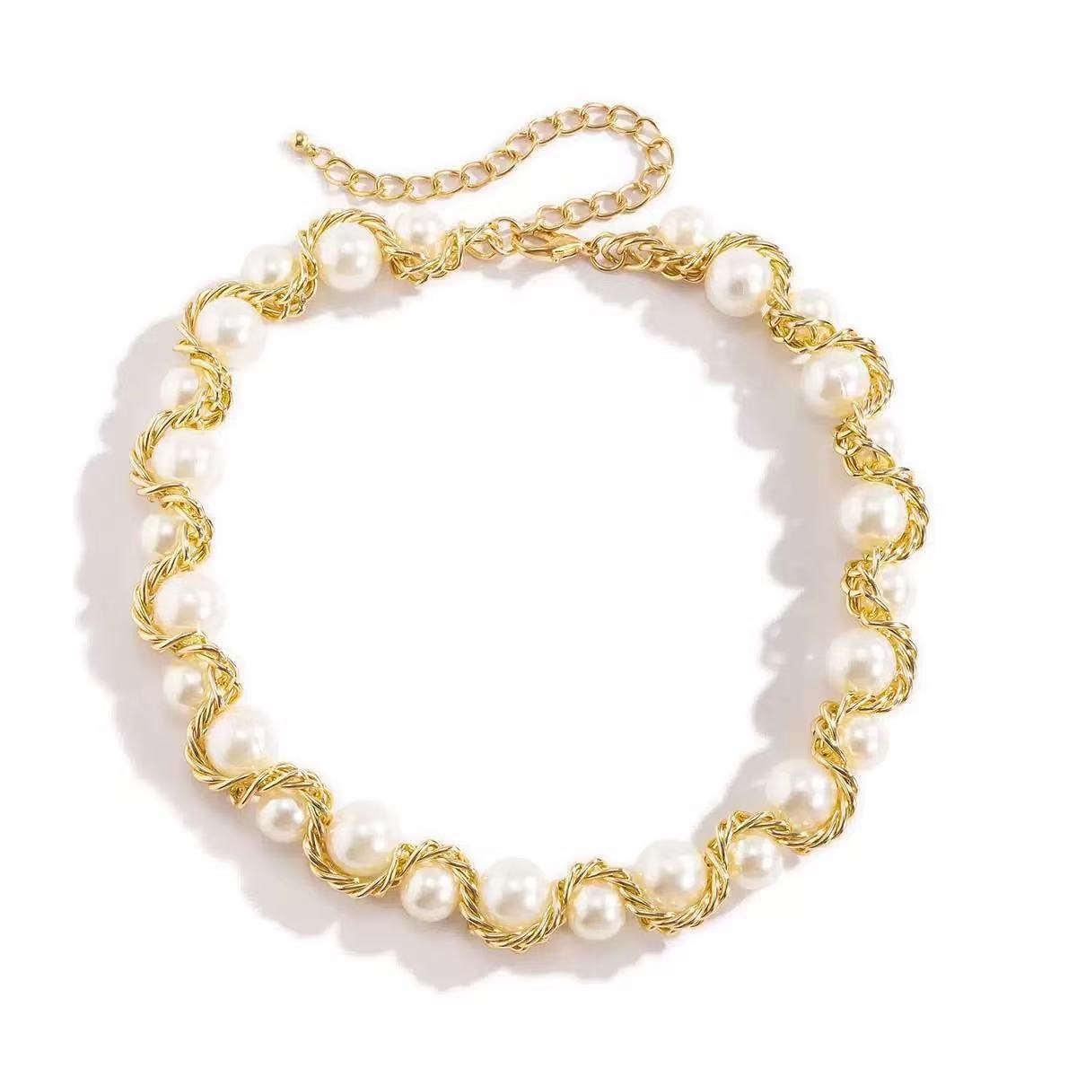 Golden Weave 14K Gold Pearl Necklace Bracelet Set