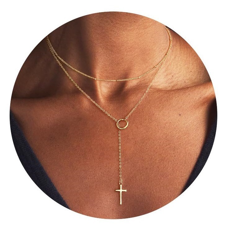"Divine Layering" 14K Gold Cross Lariat Necklace