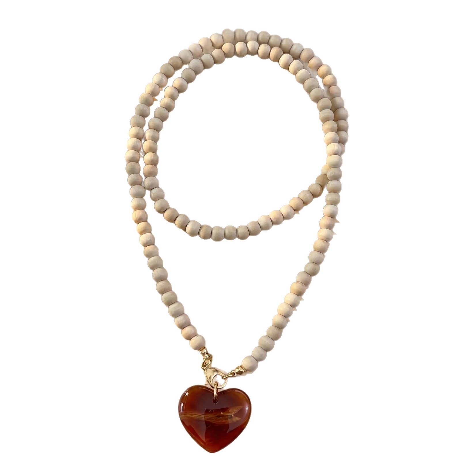 Nature's Pulse Natural Wood Bead Amber Heart Pendant Necklace