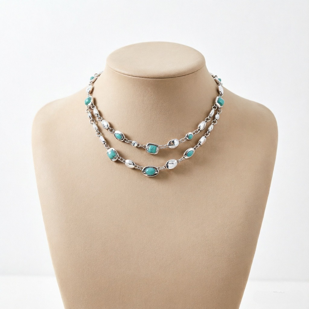 18K Gold S925 Silver Vintage Bezel-Set Gemstone Turquoise Necklace Bracelet Series