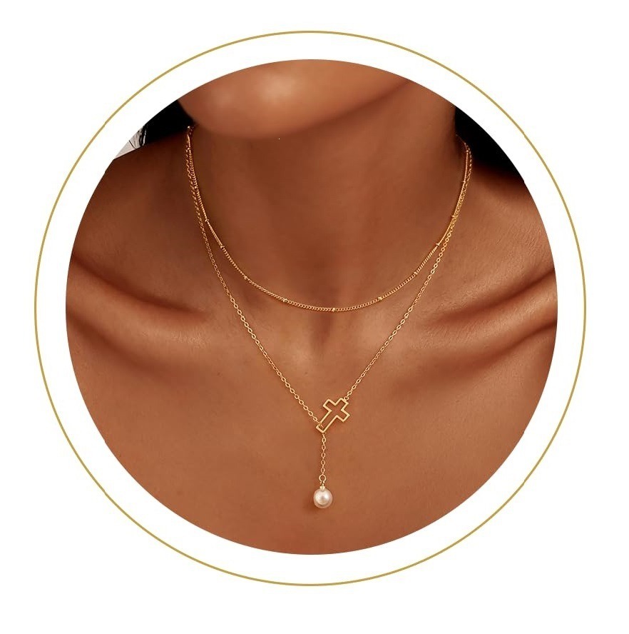 "Divine Layering" 14K Gold Cross Lariat Necklace