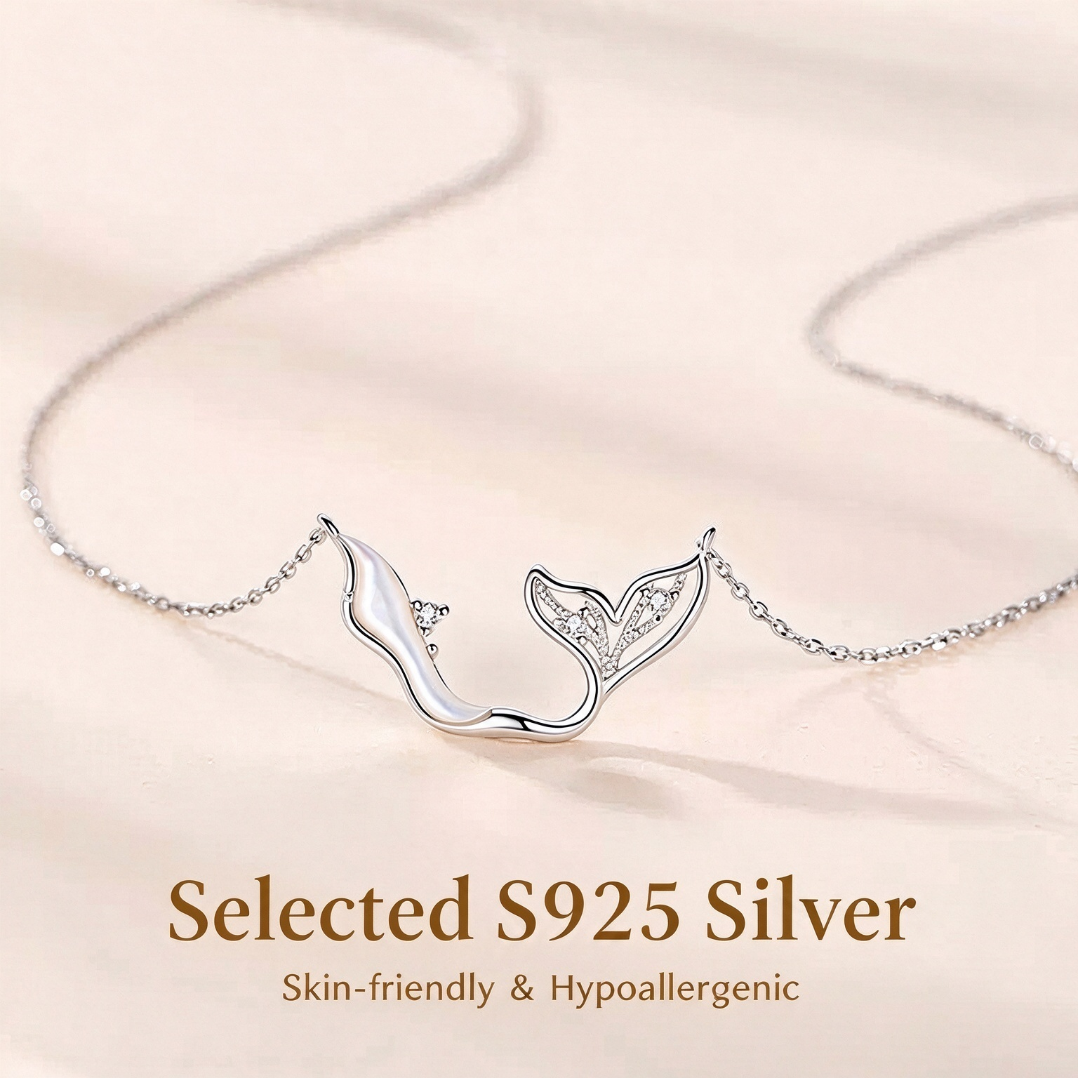 S925 Sterling Silver "Rest of My Life" Mermaid Tail Necklace | Romantic CZ Accent Collar Necklace Gift for Her