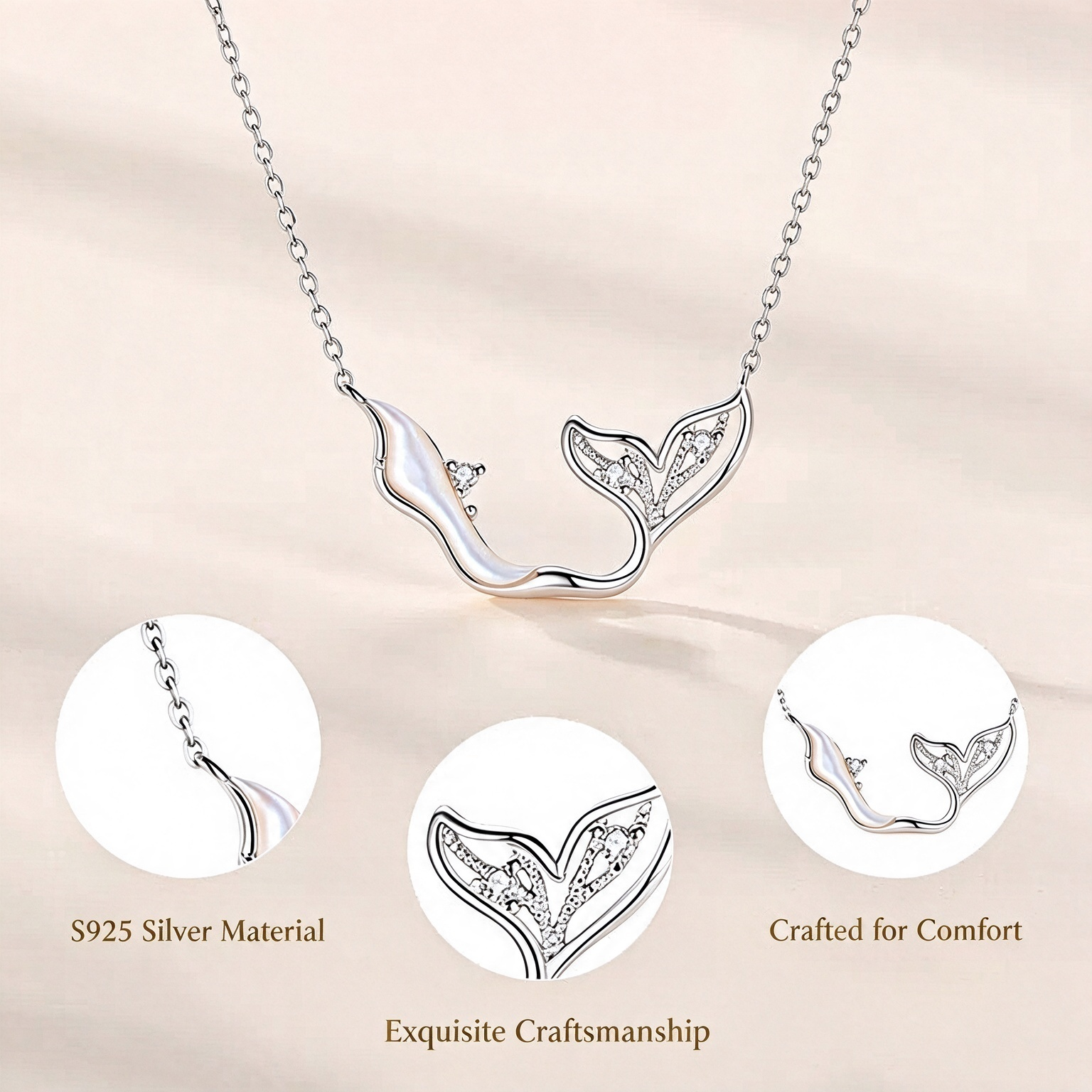 S925 Sterling Silver "Rest of My Life" Mermaid Tail Necklace | Romantic CZ Accent Collar Necklace Gift for Her