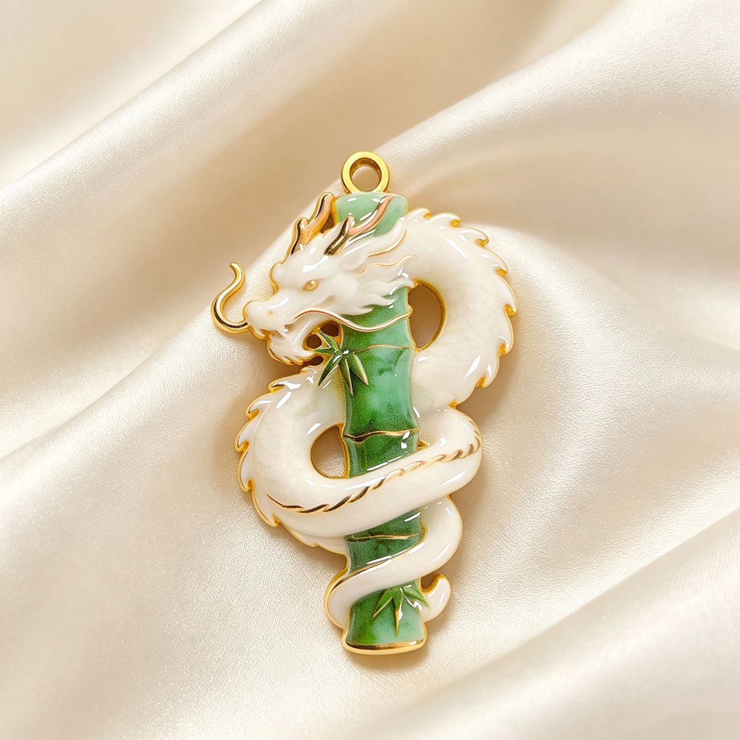 White Dragon Jade Bamboo Pendant Necklace, Lucky Growth Spirit Dragon Amulet, Gold Trim Oriental Prosperity Charm, Spiritual Protection Jewelry