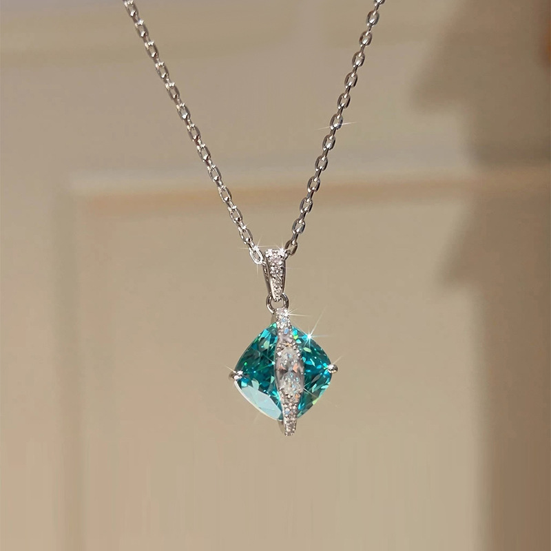 S925 Silver Paraiba Green Square Pendant Necklace, Cool Tone Crystal Spiritual Jewelry