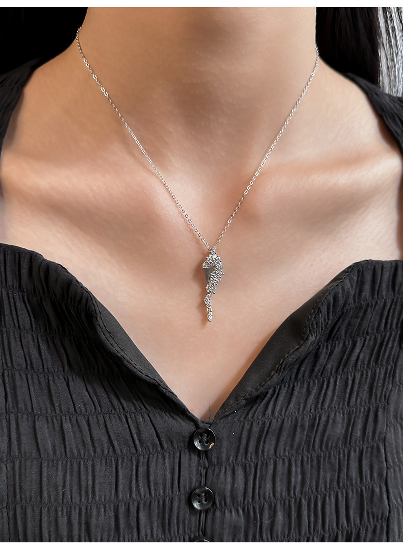 S925 Sterling Silver Brushed Pave Long Pendant Necklace | Minimalist Luxury Tapered Drop Necklace for Women
