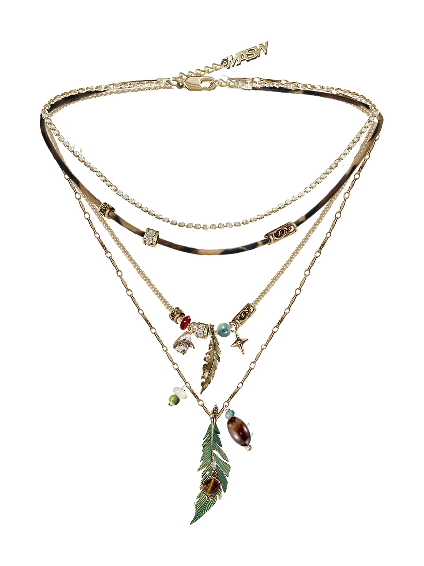 Bohemian Wasteland Multi-Layer Green Feather Necklace | Maillard Leather Choker Layered Necklace