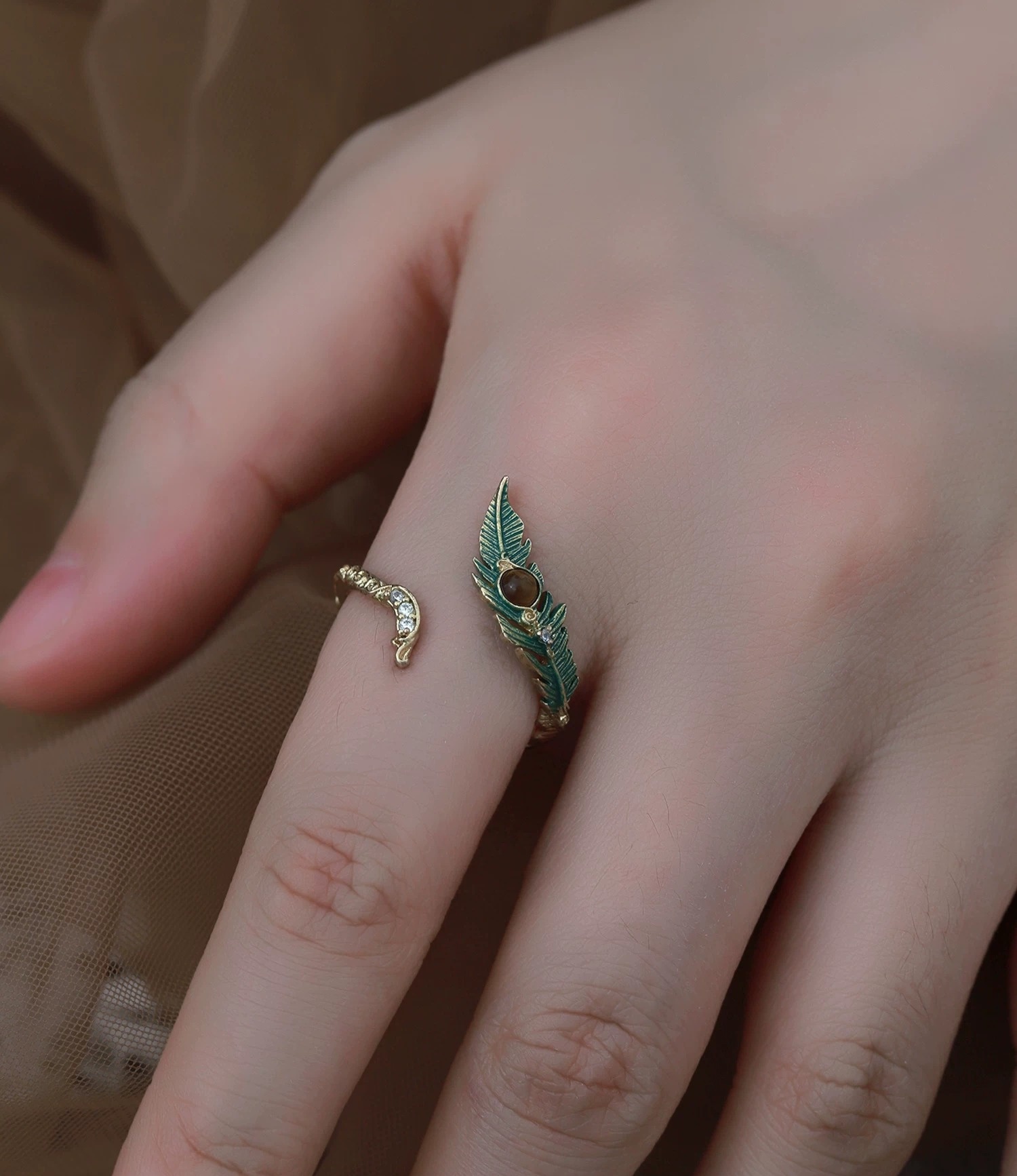 Vintage Peacock Feather Tiger's Eye Open Ring | Designer Gold Enamel Adjustable Statement Ring