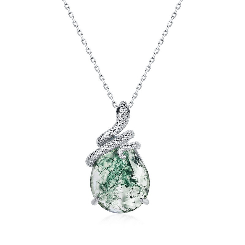 S925 Sterling Silver Natural Green Moss Agate Snake Pendant Necklace