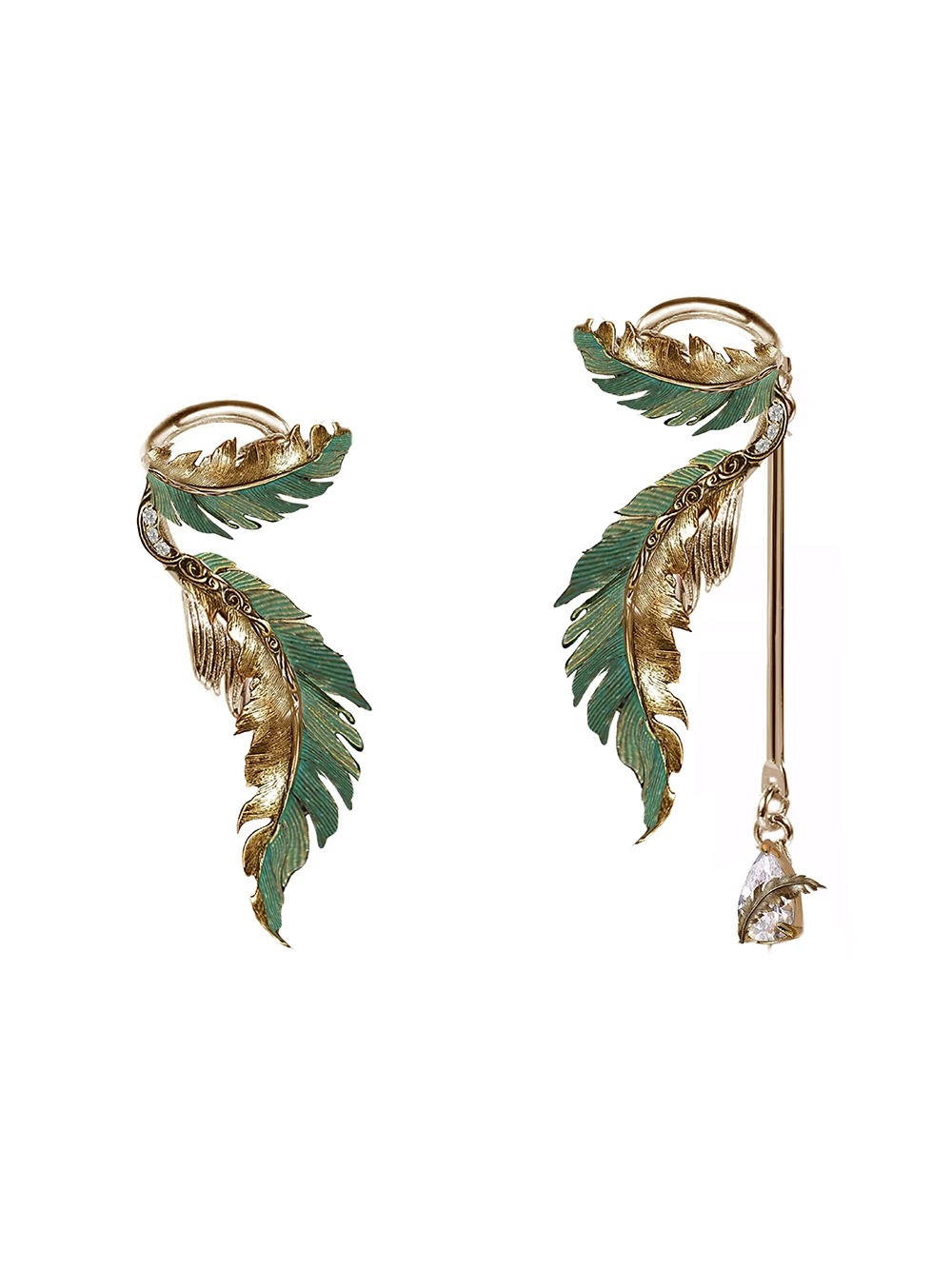 Exaggerated Green Feather Wing Ear Cuff Set | Original Vintage Gold No-Piercing Statement Earrings
