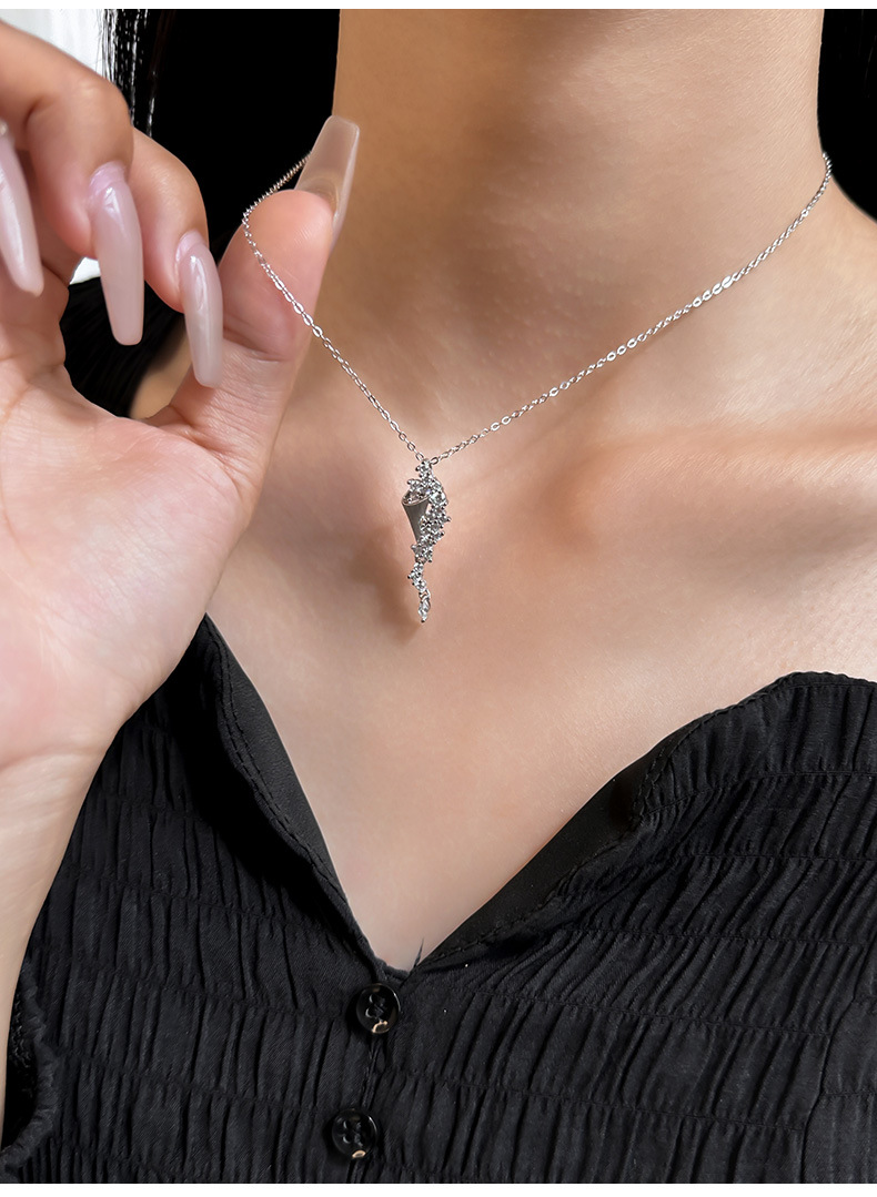 S925 Sterling Silver Brushed Pave Long Pendant Necklace | Minimalist Luxury Tapered Drop Necklace for Women