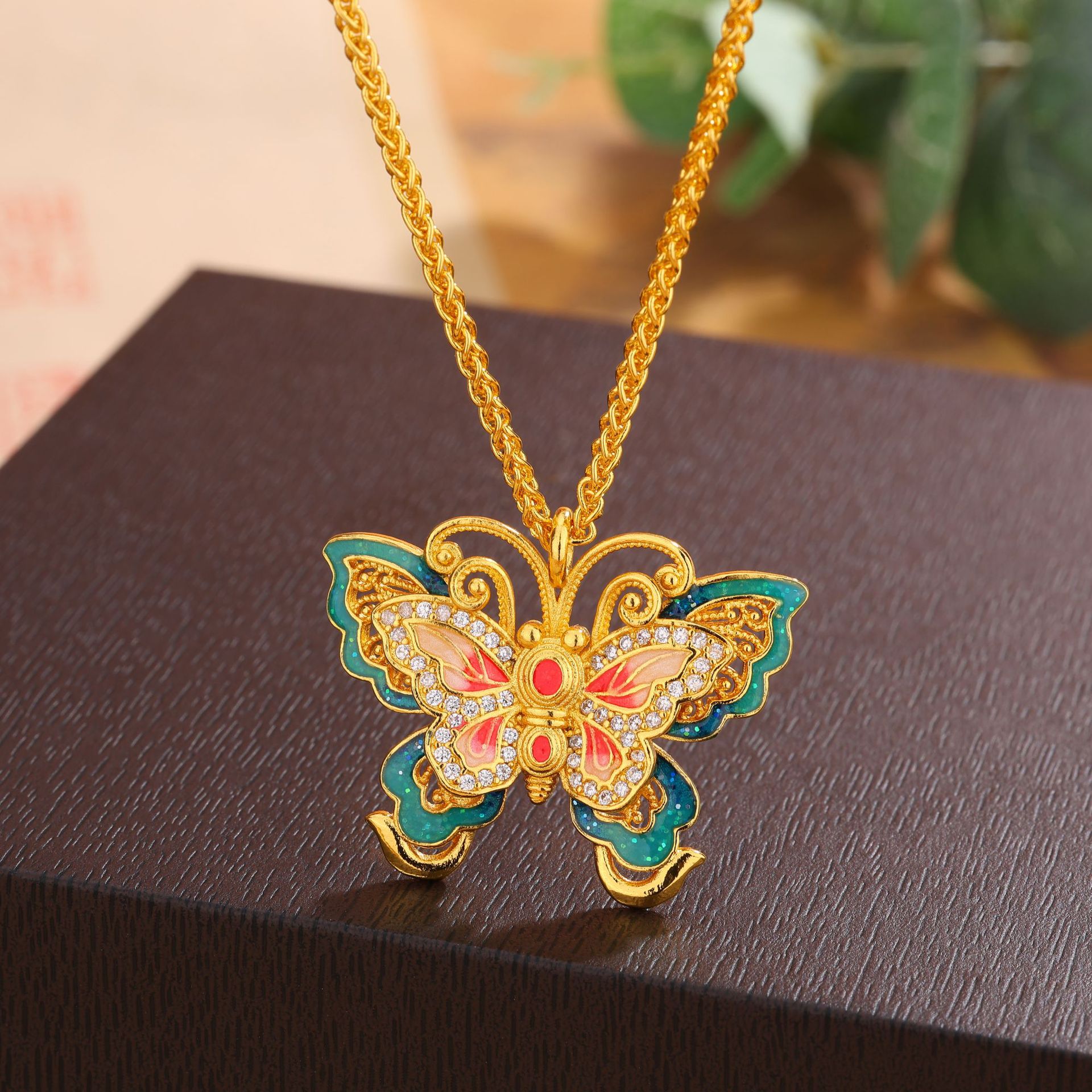 Vintage Enamel Butterfly Pendant Necklace, Gold Sand Inlaid Crystal, Oriental Retro Women’s Statement Jewelry